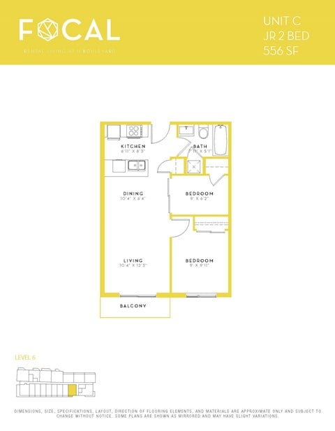 Floor plan for 1 bed, 1 bath, 606 sqft